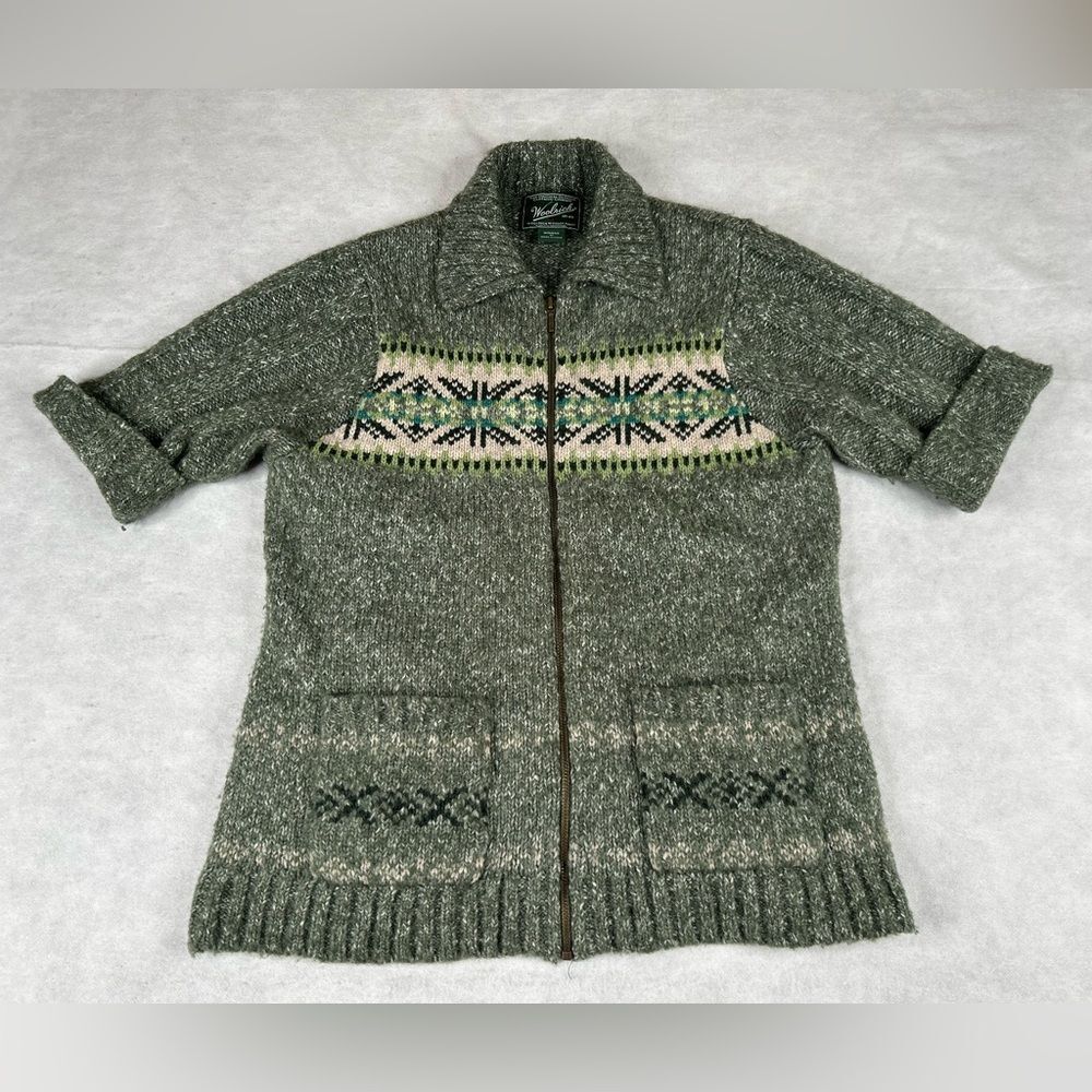 Woolrich Cardigan Womens M Spruce Green Nordic Snowflake Wool Blend Sweater
